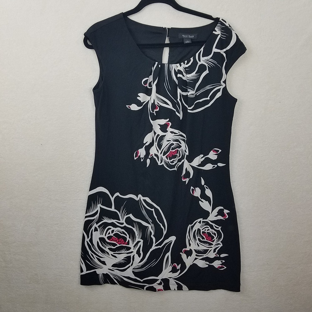 White House Black Market Black Floral Rose Sheath Cap Sleeve Keyhole Womens L